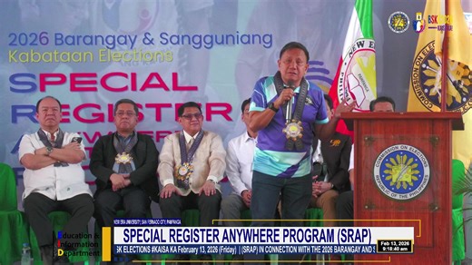 SPECIAL REGISTER ANYWHERE PROGRAM (SRAP) SPECIAL REGISTER ANYWHERE PROGRAM (SRAP) IN CONNECTION WITH THE 2026 BARANGAY AND SK ELECTIONS #KAISA KA NEW ERA UNIVERSITY SAN FERNANDO CITY, PAMPANGA February 13, 2026 (FRIDAY) | COMELEC