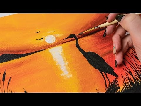 Stork at sunset - Acrylic painting