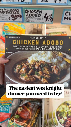 85K views · 98 reactions | New at Trader Joe’s for $4.29 This Chicken Adobo is the ultimate comfort meal — tender dark meat chicken in a tangy soy-vinegar sauce with garlic jasmine rice. The flavor is bold, savory, and perfectly balanced. Bonus: it’s ready in just a few minutes  Would you try this one for an easy weeknight dinner? #traderjoes #traderjoeslist #traderjoesfinds #foodreview #traderjoeshaul | Trader Joe's List | Facebook