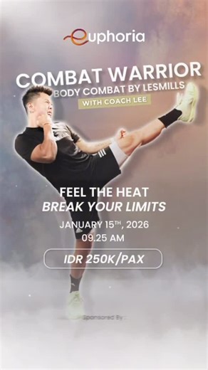 BODYCOMBAT Warriors on Instagram: "COMBAT WARRIOR SPECIAL CLASS — BODY COMBAT BY LESMILLS 🔥 Unleash the season’s fiercest energy! Step into a high-impact Body Combat session that blends power, rhythm, and unstoppable spirit 💪🏻 Details : 🗓️ Date : Thursday, 15 January 2026 ⏱️ Time : 09.25 AM 📍Venue : Euphoria Movement Studio Theme : Impact • Precision • Power • Fight Spirit Registration Fee : IDR 250.000 What awaits you : • Adrenaline-pumping Body Combat session with Master Coach Lee • Energ