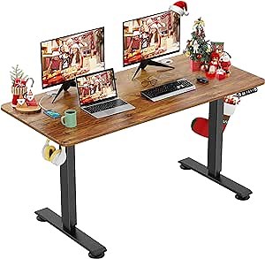 farexon Electric Standing Desk Adjustable Height, 48x 24 Inches Sit Stand Up Computer Desk with Double Metal Hook，4 Memory Preset Heights, 27''-46'' Lifting Range for Home/Office（Brown）