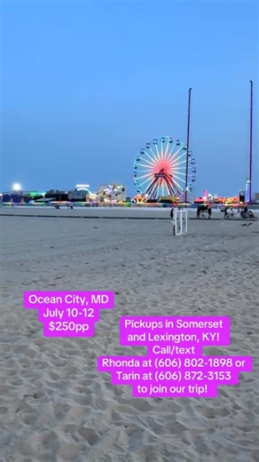 🌊🏖️ Ocean City, Maryland Red Eye Getaway! 🐠✨ 📅 July 10–12 💲 $250 per person Sun, sand, boardwalk vibes, and ocean breezes — Ocean City is the ultimate summer escape! Ride overnight, wake up at the beach, and enjoy a full day soaking up everything this iconic coastal town has to offer 🚌🌊 ✔️ Round-trip transportation included ✔️ Red eye travel — no hotel needed 📍 Pickups in Somerset & Lexington, KY ✨ Things to Do in Ocean City Ocean City is packed with classic beach-town fun — perfect for 