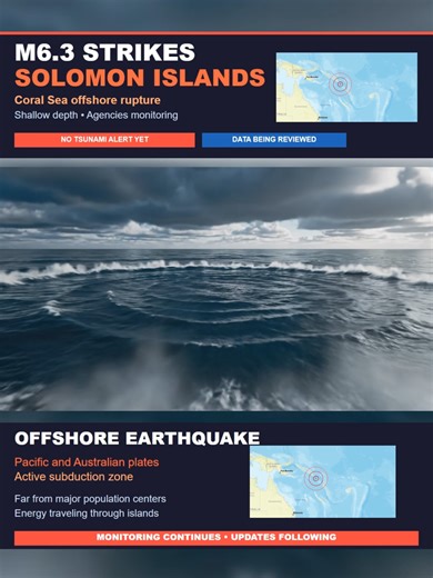⚠️ M6.3 Earthquake – Coral Sea, Southeast of Uki Ni Massi Island ⚠️ March 6, 2026 A shallow offshore rupture has struck the Coral Sea with strong shaking near the source. Officials are reviewing tsunami data and further updates will follow as assessments continue. #Earthquake #SolomonIslands #SeismicEvent