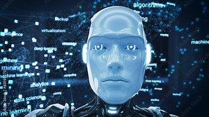 Advanced Neural Network Visualization Inside AI Robot's Mind, Featuring Dynamic Lines of Digitalization, Data Flow, Big Data Analysis, and Machine Learning Concepts in High-Tech, Futuristic Cyberspace