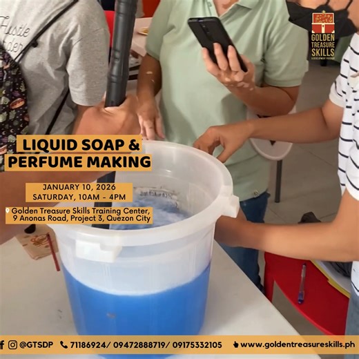 Want to learn how to make different kinds of soap? 🧼 Join our hands-on workshop and discover how to make dishwashing liquid, hand soap, fabric softener, and more! 📅 Date: December 16, 2025 (TUESDAY) ⏰ Time: 10 AM - 5 PM 📍 Venue: Golden Treasure Skills and Development Program, 9 Anonas Road, Project 3, Quezon City 💡 What you’ll learn: We’ll teach you the step-by-step process, including the chemical names, proper measurements, and the purpose of each ingredient used in the formulations. 🧴 You