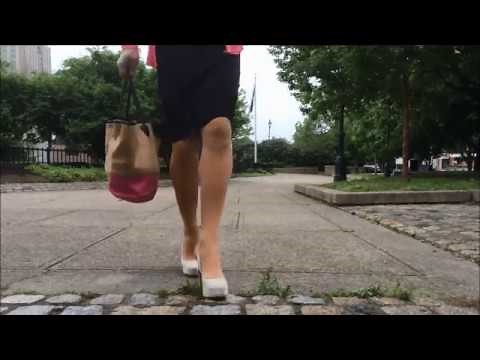 051716 Crossdresser Walks With 6" Platform Slingbacks And Hobble Skirt Through The City