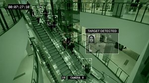 Automatic video surveillance system with biometric facial recognition identifies a person. Interface of the global CCTV camera system, for monitoring people, controlled by artificial intelligence. 4k