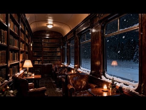 Luxury Christmas Train Library | Snowfall Night Ambience (8 Hours)