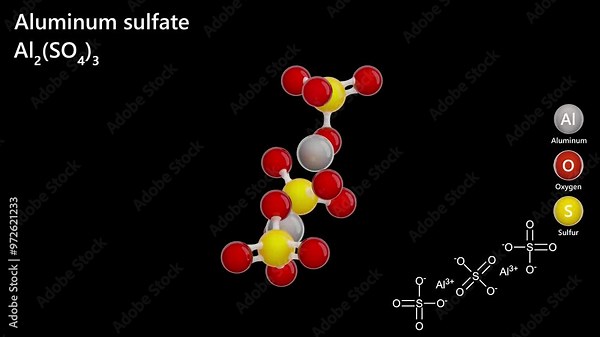 3D structure of the aluminum sulfate Al2(SO4)3. It is used in paper making, in firefighting foams, and in sewage treatment and water purification. 3d rendering. Seamless loop