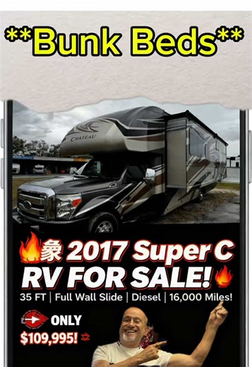 Just arrived 2017 Super C ; 35 foot with a full wall slide and only 32,000 miles. I can get 20 of your finance and on this we got a sale priced at $109,995. This thing is immaculate diesel generator all the options; see me James rolling with James get you rolling rolling down the road#RVforSale #fyp #RVTrader #rv #FloridaRV