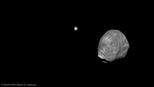 • Martian Moon Phobos Slips Past Jupiter 19.4.24 • In June 2011 ESA’s Mars Express performed a special manoeuvre to observe an unusual alignment of Jupiter and the martian moon Phobos. The impressive images were processed into a movie of this rare event. At the moment when Mars Express, Phobos, and Jupiter aligned on 1 June 2011, there was a distance of 11 389 km between the spacecraft and Phobos, and a further 529 million km to Jupiter. The High Resolution Stereo Camera on Mars Express was kept