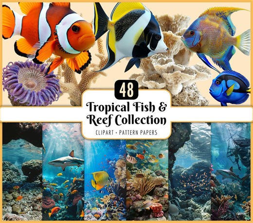Tropical Fish & Reef Collection: Underwater Photorealistic Clipart and Seamless Pattern Papers (PNG Download) - Etsy