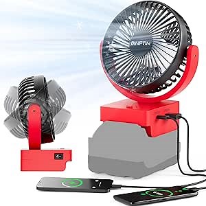 Dinftin Cordless Portable Fan Compatible for Milwaukee M18 18V Battery(Fit for 48-11-1850 & 48-11-1860), Powered Jobsite Fan, USB-A+C, Ideal for Camping, Workshops, Etc(Battery Not Included)
