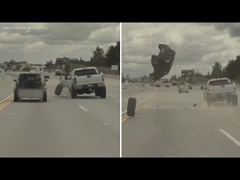 Wild video: Tire shoots off truck on LA freeway; sends vehicle flying