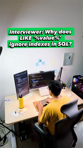 Manish | Data Career Mentor on Instagram: "Follow @rebellionrider for more SQL Interviewer: Why does LIKE ‘%value%’ ignore indexes in SQL? Indexes are built in sorted order, usually as a B-tree. That structure is great when the database knows where to start searching. For example, LIKE ‘value%’ works because the engine can jump straight to rows starting with value and scan forward. The left boundary is known. Now look at LIKE ‘%value%’. The leading wildcard means the value can appear anywhere. A