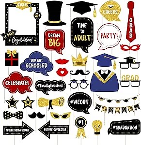 Graduation Photo Booth Props 2025 Graduation Decorations Class of 2025 Grad Party Supplies for College High School - Real Glitter