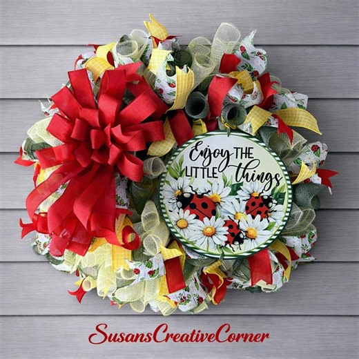 Ladybug Daisy Spring Wreath, Red Bow Mesh Wreath, Summer Front Door Decor, Enjoy the Little Things S - Etsy