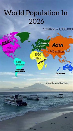 Mapbeyondborders on Instagram: "World Population continent wise 2026. Asia is most populated continent in world. It's alone have more population than other five continents combined. India 🇮🇳 and China 🇨🇳 both have 1500 million and 1440 million population. Creator @mapbeyondborders Source - Google If you like maps and data then don't forget to follow me for more. It will be helpful 🥰 Thanks. #maps #viral #worldmap #populationgrowth #educationreels #geography #population #populationcontrol #d