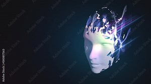 Humanoid woman cyborg head with artificial deep neural network brain advanced machine learning algorithms of AI on black background