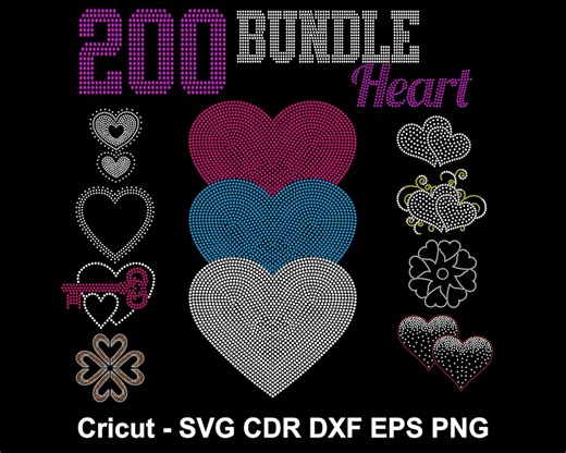 BUNDLE 200 Hearts Design Rhinestone Template Heart Rhinestones Design Cdr Png Svg Eps Dxf for Cricut Rhinestone - Etsy
