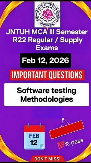 telusuko mama on Instagram: "👉JNTUH MCA 3rd Sem R22 | Software Testing Methodologies Important Questions | Regular/Supply 2026//JNTUH #MCAR22 #SoftwareTesting #MCA3rdSem #JNTUHMCA #R22Regulation ImportantQuestions SupplyExams RegularExams ExamPreparation SoftwareTestingMethodologies MCAExams JNTUHUpdates"