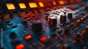 Illuminated private jet cockpit control panel with buttons and knobs for pilots, showcasing precision and sophistication of modern aircraft technology