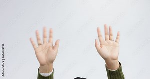 Hands, wave and sign for hello, goodbye or friendly greeting on white background in studio or communication with body. Hand gesture, person or expression of welcome, farewell or waving for attention