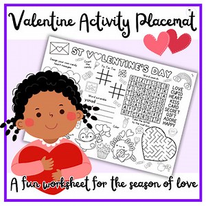 Valentines Activity Placemat fun puzzle worksheet for 2nd grade and above