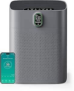 MORENTO Air Purifier for home Large Rooms up to 1076 ft2, Wi-Fi and Alexa compatible, PM2.5 Air Quality Display, Auto Mode, HEPA Filter Removes Dust, Pollen, Smoke 1 Pack +2 Pack Filters(Gray)