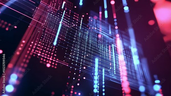 Abstract digital visualization with vibrant lights and patterns representing data flow.