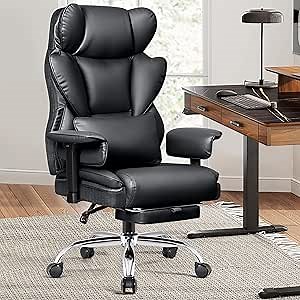 Ergonomic Home Office Chair with Footrest, High Back Desk Chairs for Heavy People, 500 LBS Leather Executive Office Chair with Lumbar Support, Comfy Gaming Chairs with Wide Seat, Black
