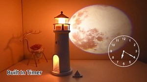 Lighthouse Table Lamps with Remote - Ultra HD Realistic Moon Projection, Flicker-Free Soft Warm White Light, 4 Brightness Adjustable &Timer, Rechargeable Nautical Bedside Lamp for Bedroom Living Room