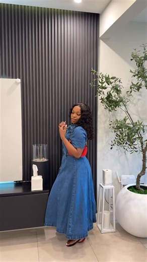 Brunch / Vacation / Classy Clothing store in Kingston on Instagram: "Shop 🔍Bella Blu denim dress Shop our website theclothingfinery.com or visit us in store. Cost 11800d or 84usd Model wears a medium Little stretch Button snap closure Midi fit Model’s measurement Height 5’4 Waist 29 Hip 44 Bust 34b Colours may vary due to resolution."