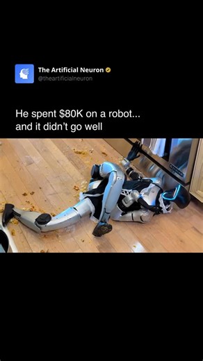 The Artificial Neuron™ | AI on Instagram: "This YouTuber decided to test his new $80,000 Unitree G1 humanoid robot, and the results were pure chaos. It shattered mirrors, wrecked his kitchen, and even busted down his front door during a burglary simulation. Looks like these robots are getting smarter… but maybe not any safer. Would you let one of these in your house? 🎥: WhistlinDiesel on YT Follow @theartificialneuron for the latest in AI #ai #robotics #unitreeg1 #humanoidrobot #technolo