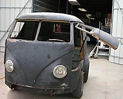 Chopped hot-rod VW bus with gullwing doors