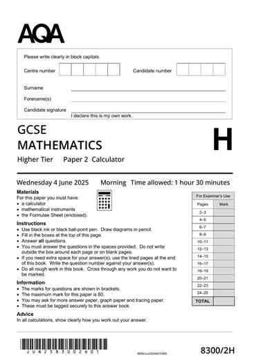 2025 AQA GCSE MathemATIcs Paper 2 8300 2f FoundATIon Tier Paper 2 Calculator