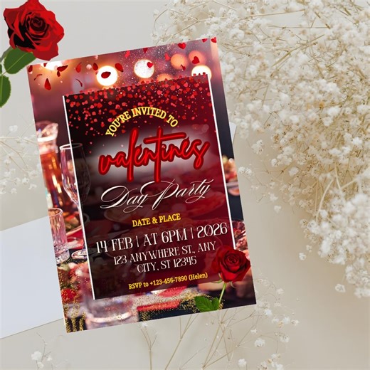 Valentine’s Day Dinner Invitation Template | Editable Canva Romantic Red Rose Invite | Printable Couples Date Night & Galentine Dinner Party - Etsy