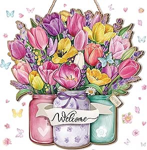 Spring Door Decor for Home 11.8 x 11.4 Inch Spring Welcome Door Sign Fresh Flower Style Welcome Wooden Sign Wooden Hanging Wall Decor for Porch Farmhouse Outdoor