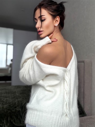 Angora Wool Knit Milk - White Sweater Open Back Deep Neckline Hand Knit Fluffy Cozy Angora Pastel Pullover Loose Fit Oversize V-neck - Etsy