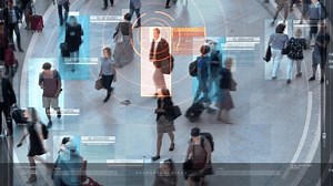 Artificial Intelligence Interface Showing Data of Crowd. Computer Vision with Facial Recognition Scanner Looking for Suspect. Deep learning. CCTV, Surveillance System.