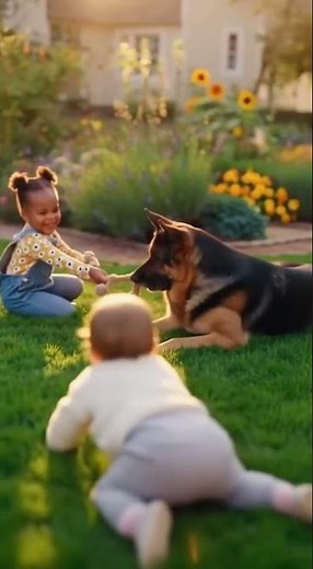 German Shepherd Plays Sweetly with Baby and Toddler in Garden 🌼