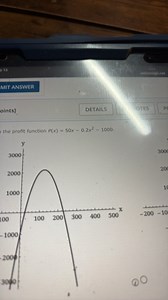 Given the profit function P(x) = 50x - 0.2x^2 - 1000.[The que... | Filo