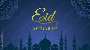 Eid Mubarak greeting video, Eid Al-Fitr animation drawing text with gold glitter. Animation drawing text Eid Mubarak with mosque background