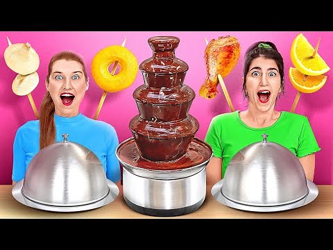 CHOCOLATE FOUNTAIN FONDUE CHALLENGE || Chocolate VS Real Food For 24 Hours By 123 GO! CHALLENGE