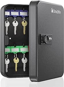 Uniclife 20 Position Key Cabinet with Combination Lock Resettable Black Digital Security Storage Box Steel Key Organizer with Colorful Key Tag Labels Stickers and Hooks