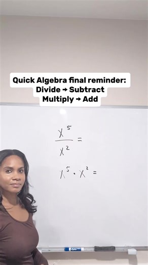 Quick Algebra final reminder: when the bases are the same, the operation tells you what to do with the exponents. Multiply → add the exponents Divide → subtract the exponents Need more practice with Algebra final topics and test-style questions? My Algebra Review course is linked in my bio. #algebra #algebra1 #mathhelp #exponents #finalexam