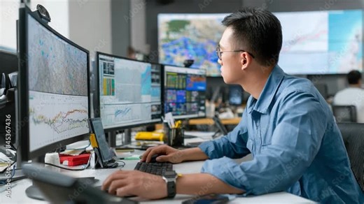 Tech Savvy in the Control Room: An expert meticulously monitors complex data on multiple computer screens within a state-of-the-art control room.