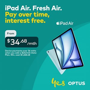 Introducing the new iPad Air with the Apple M2 chip. Enjoy the flexibility to work, stream, create and stay connected on the go with an Optus plan all on our best network ever. Buy yours today and pay over time, completely interest free with OptusPay. The new iPad Air features a stunning Liquid Retina display and a new landscape camera perfect for FaceTime and video calls. Coverage availability varies depending on your device and location. Check coverage at optus.com.au/coverage. T&Cs and eligib
