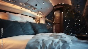 Luxurious private jet bed provides peaceful retreat over city at night, with elegant interior and dreamy atmosphere