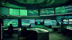 Interior of the airport, a room full of computer monitors, forex stock trading brokerage house interior, screens with trading graphs chars line Generative AI